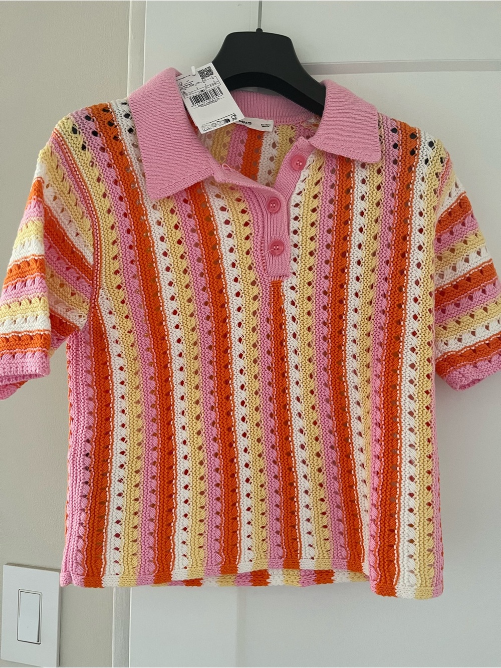 ladies cotton Crochet Polo Top in Pink & Orange Stripe - Brand: Mango nwt